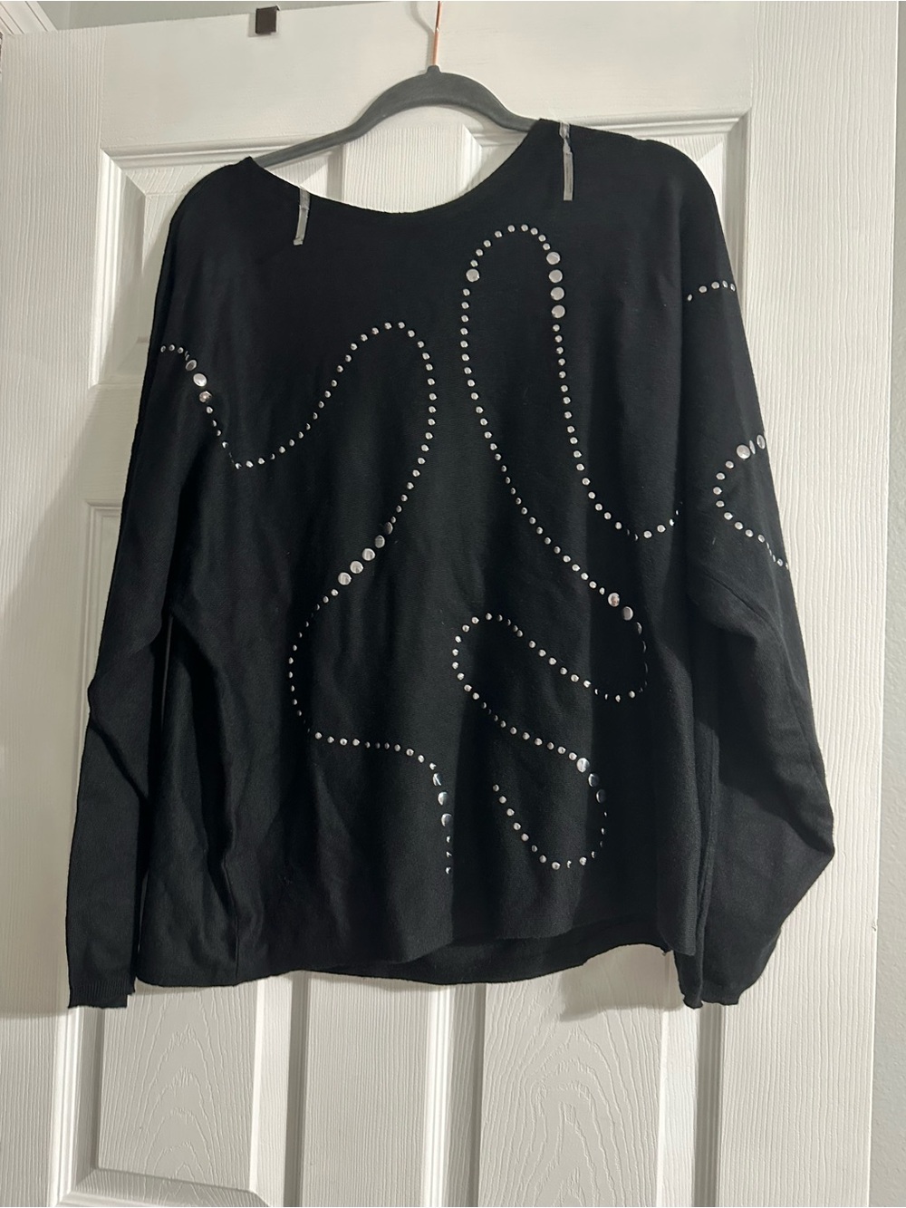 Women's Black Crewneck Sweater with Silver Stud Detail